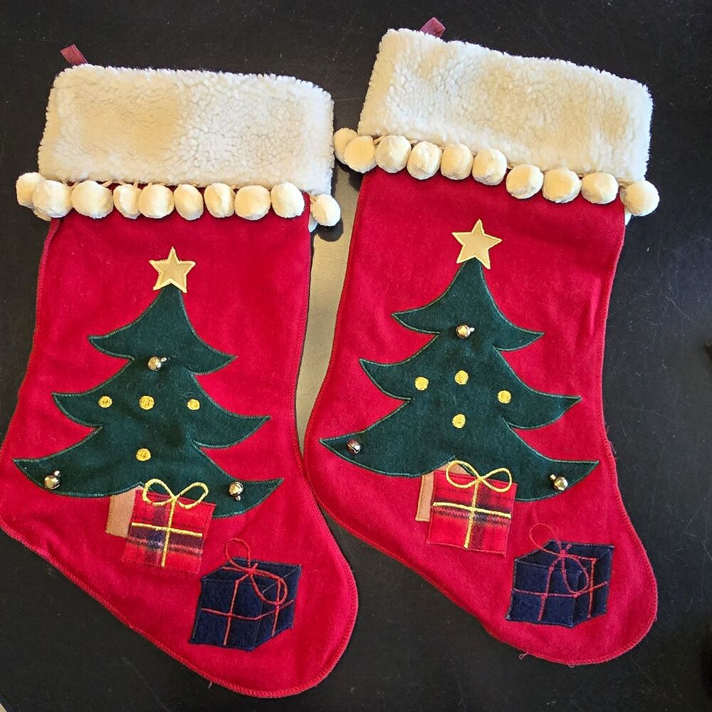 2 Red Christmas Stockings White Cuff Pom-Pom Trim Tree Hanging Loop